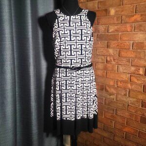 Tiana B. Black/White Geometric Patterned Fit & Flare Belted Dress - Size 10